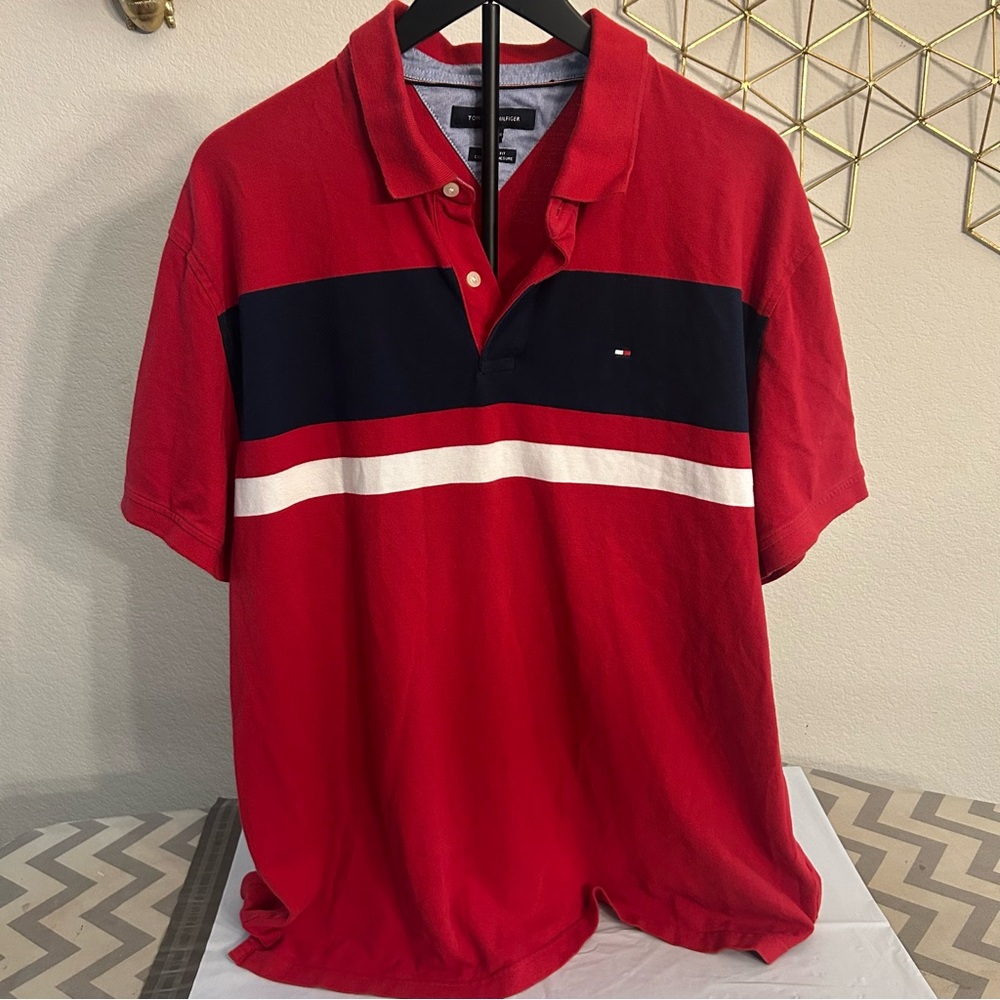 Tommy Hilfiger Men's Red and Navy Polo Shirt